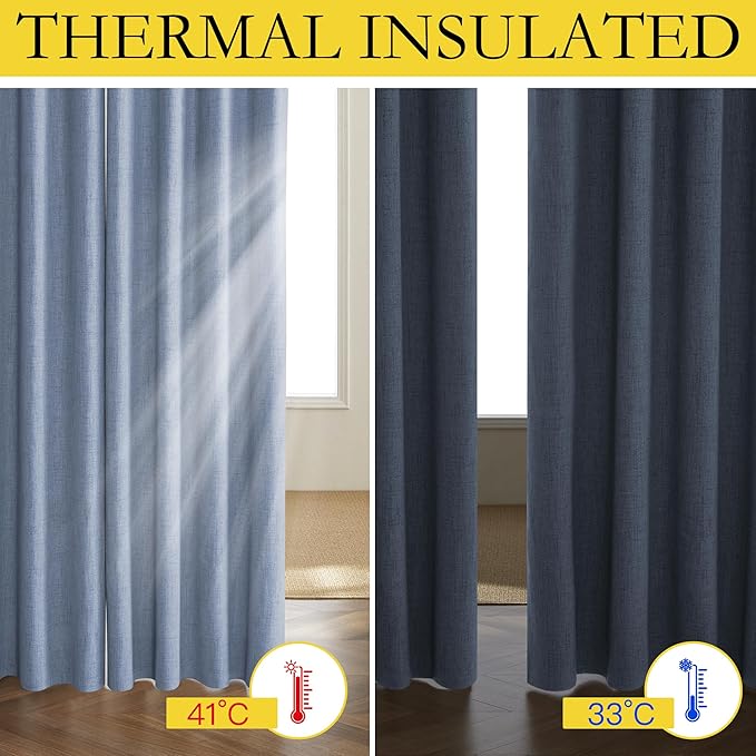 NICETOWN Stone Blue Vintage Linen 100% Blackout Curtains for Living Room, Thermal Insulated Curtains 84“ Long, Noise Reducing Window Treatment Drapes for Hall Room, 52" Wide Per Panel, Set of 2