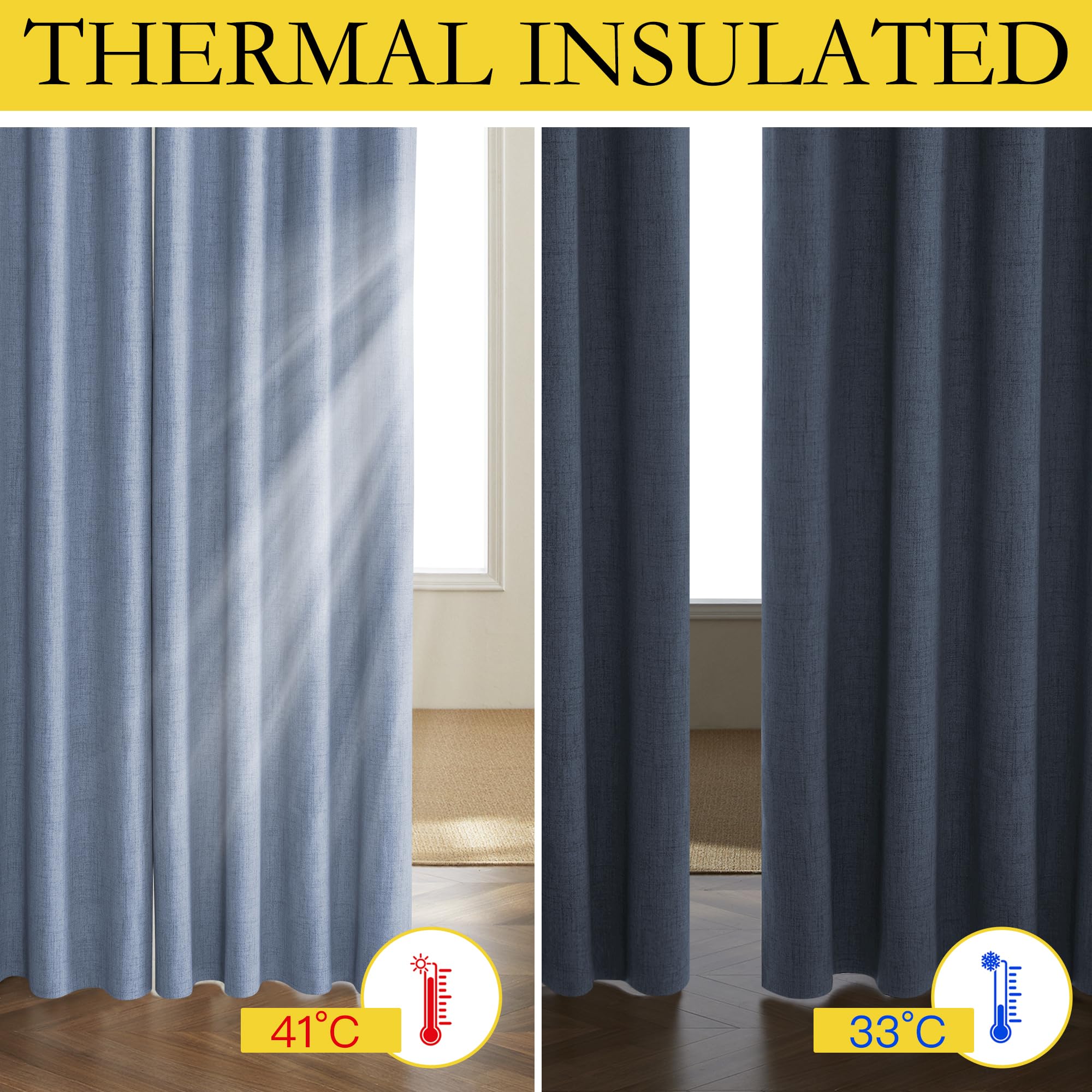NICETOWN Stone Blue Vintage Linen 100% Blackout Curtains for Living Room, Thermal Insulated Curtains 102" Long, Noise Reducing Window Treatment Drapes for Hall Room, 52" Wide Per Panel, Set of 2