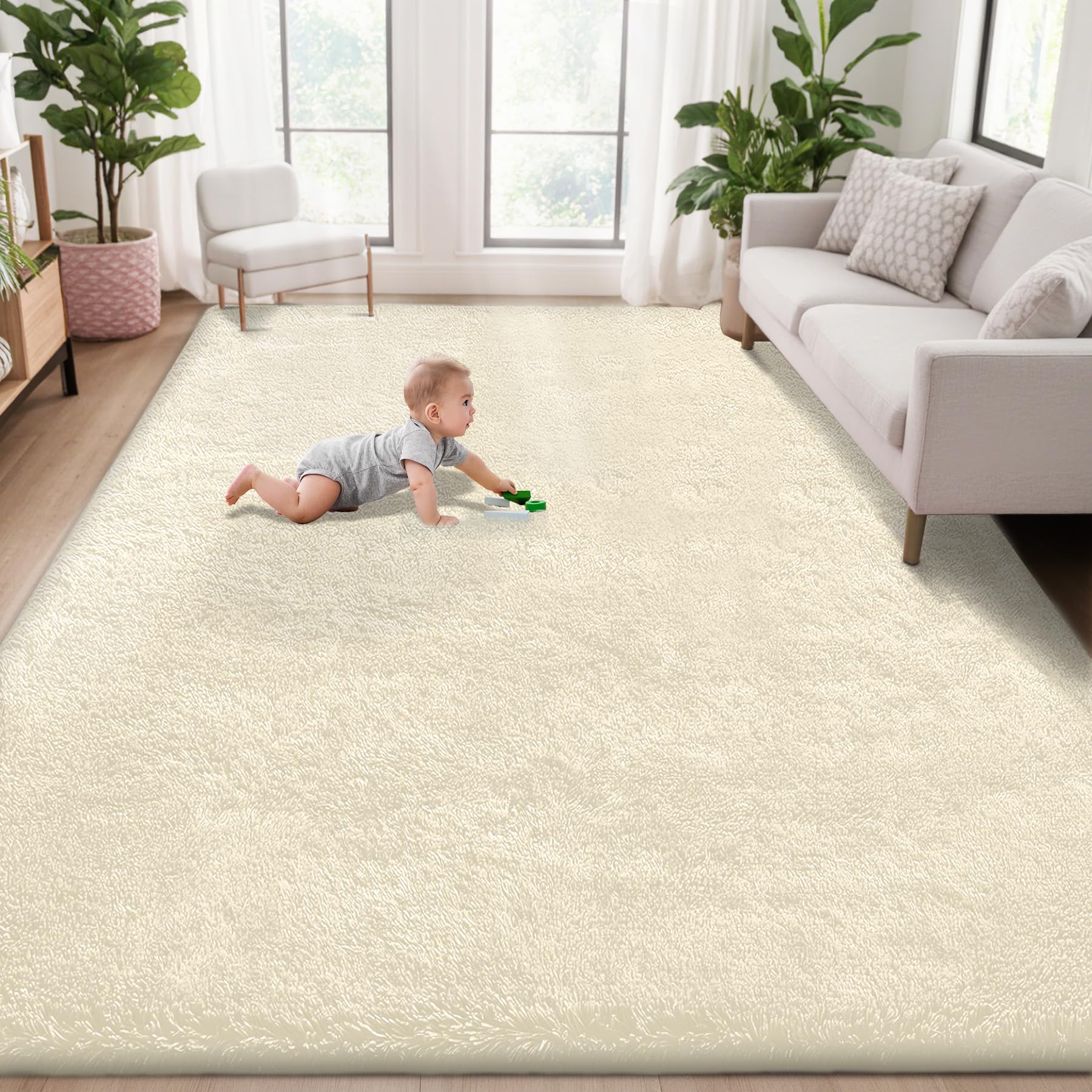 5x7 Area Rug for Living Room: Fluffy Shag Soft Washable Rugs Fuzzy Plush Indoor Carpet for Bedroom Nursery Playroom Dorm Kids Girls Boys Room (Cream White, 5'x7')