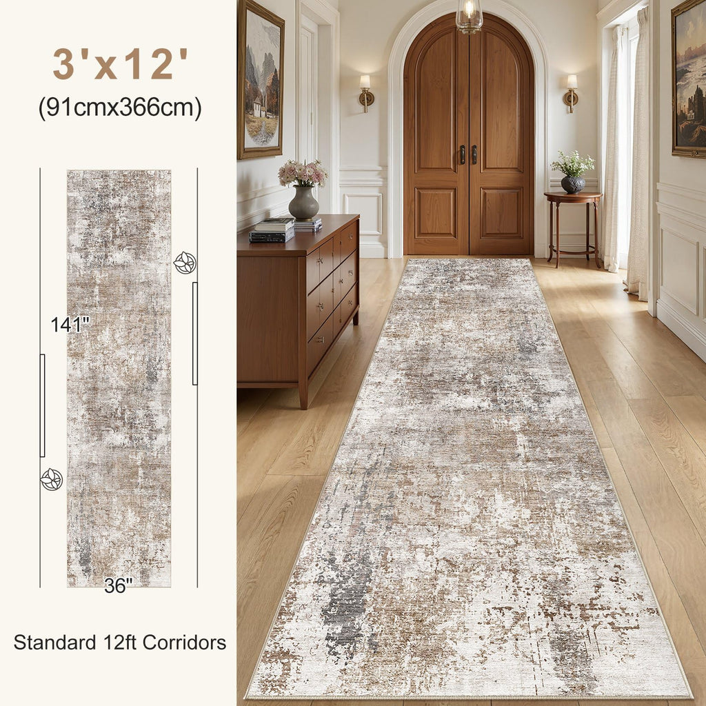 UERMEI 3x12 Washable Runner Rug for Hallway, Non Slip Low Pile Kitchen Carpet, Neutral Modern Abstract Indoor Floor Mat for Entryway Laundry, Kid & Pet Safe High Traffic Area, Brown/Grey/Red