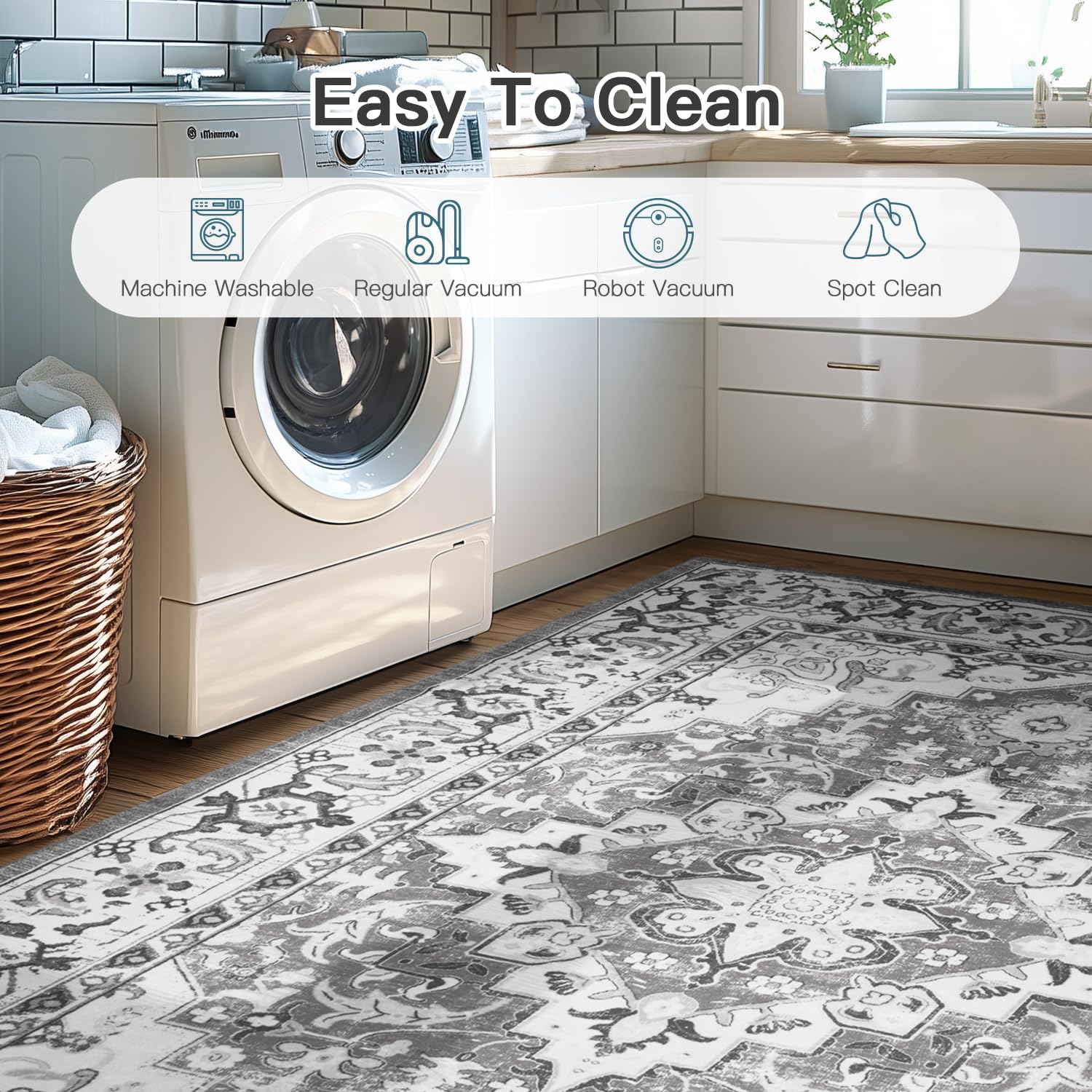 Lofus 6x9 Area Rugs for Living Room Bedroom, Soft Boho Carpet Floral Grey