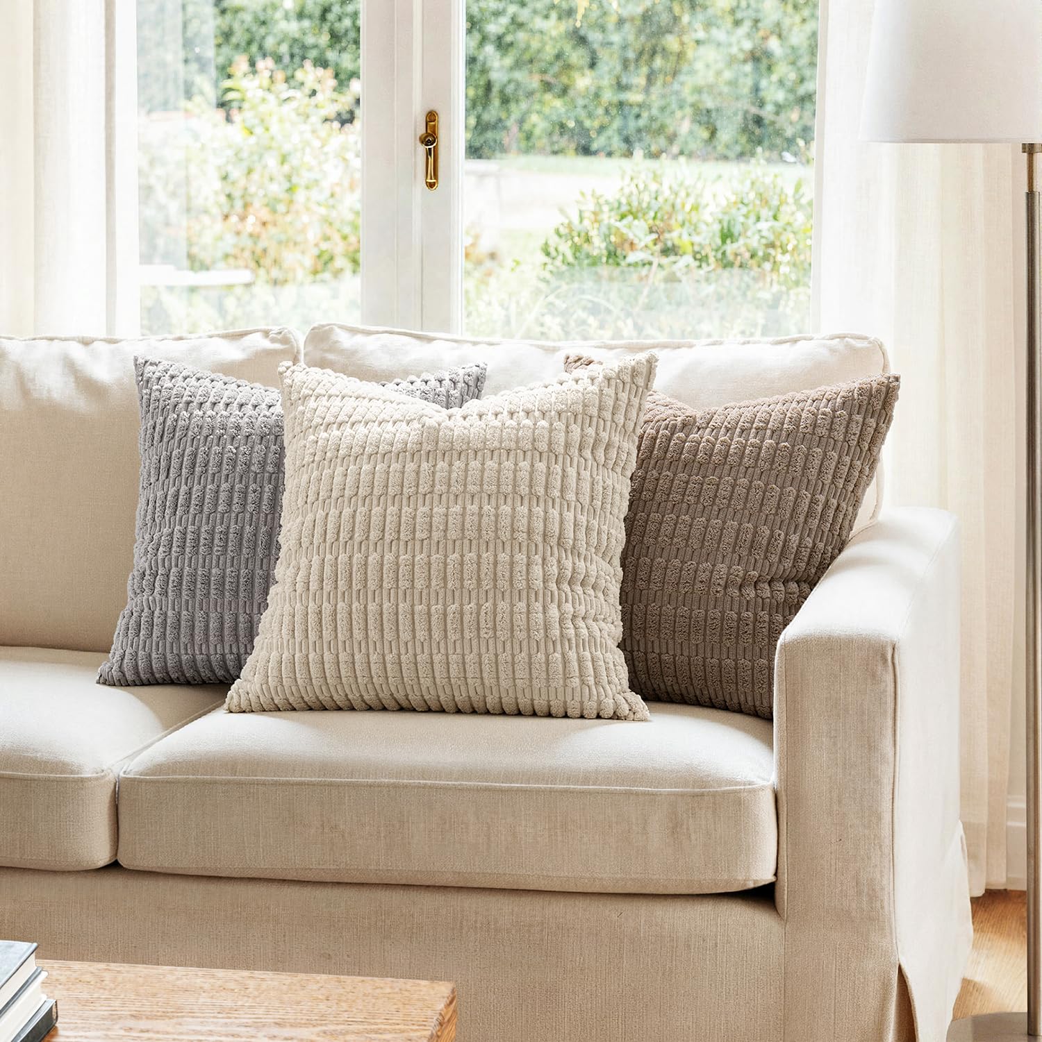 MIULEE Corduroy Decorative Throw Pillow Covers 16x16 Light Brown Pack of 2