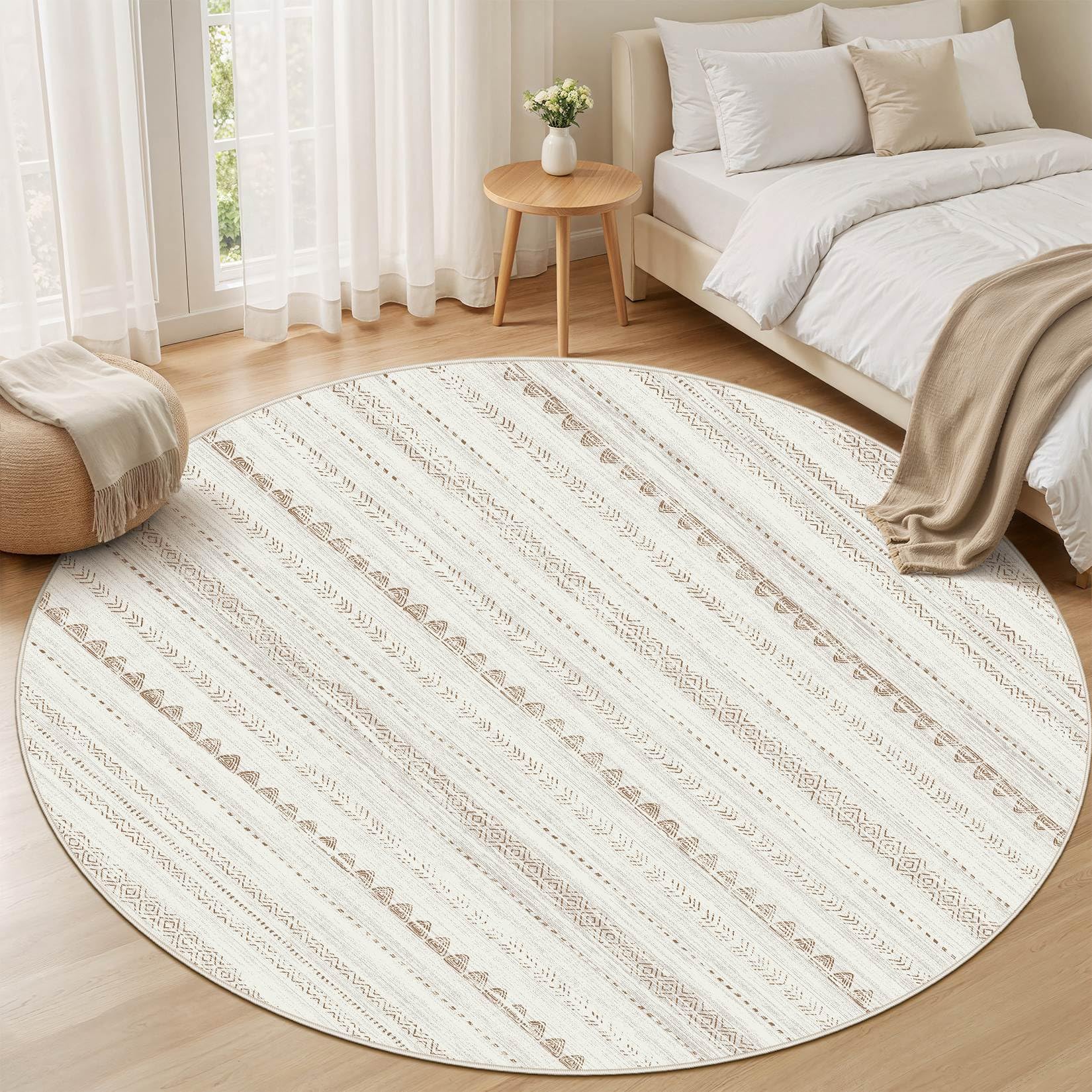 Nakagishi Round Rug Boho Area Rugs: 4x4 Washable Large Circle Neutral Soft Stain Resistant Non-Slip Carpet for Women Aged 25-45 Farmhouse Decor Enthusiasts - Living Room Bedroom Dining Room Nursery