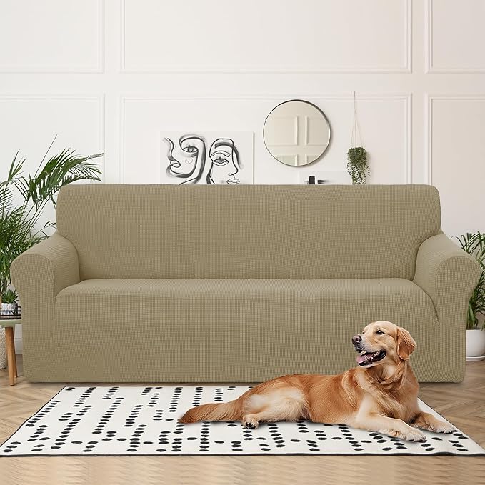 U-NICE HOME 4 Seater Stretch Couch Cover for 3 Cushion Sofa, Sand