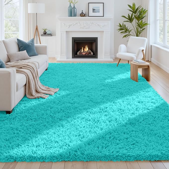8x10 Fluffy Shag Area Rugs for Living Room Bedroom: Soft Carpet Teal Blue