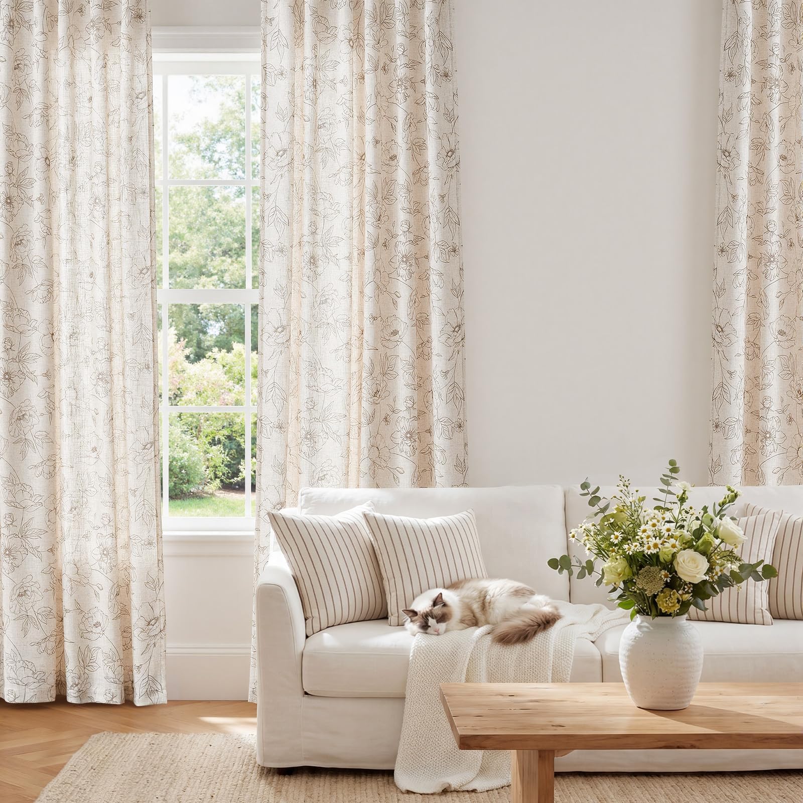 jinchan Floral Linen Curtains for Living Room 96 Inch Length Taupe Flower Curtain Rod Pocket Back Tab Farmhouse Curtains with Printed Floral Bedroom Window Curtain Set, 2 Panels Taupe