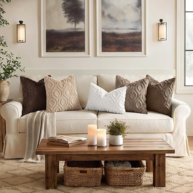 decorUhome Throw Pillow Covers 26x26 Inch Set of 2, Soft Plush Faux Wool Brown Solid Couch Pillow Covers, Accent Euro Sham Farmhouse Neutral Square Pillow Cases for Sofa Bed Living Room
