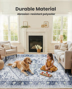 AMADA HOMEFURNISHING Washable Area Rug, Low-Profile Large Area Rug with Non-Slip Backing & Durable Edge Binding, Vintage Large Rugs for Living Room, Bedroom, Dinning Room, 8x10, Navy Blue/White