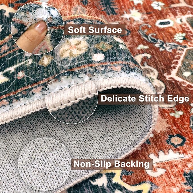 Yamaziot Washable Area Rug, 2x3 Small Entryway Rug Non-Slip Boho Vintage Rug with Rubber Backing, Low Pile Faux Wool Soft Distressed Floor Carpet for Indoor Door Mat, Kitchen, Laundry Bathroom