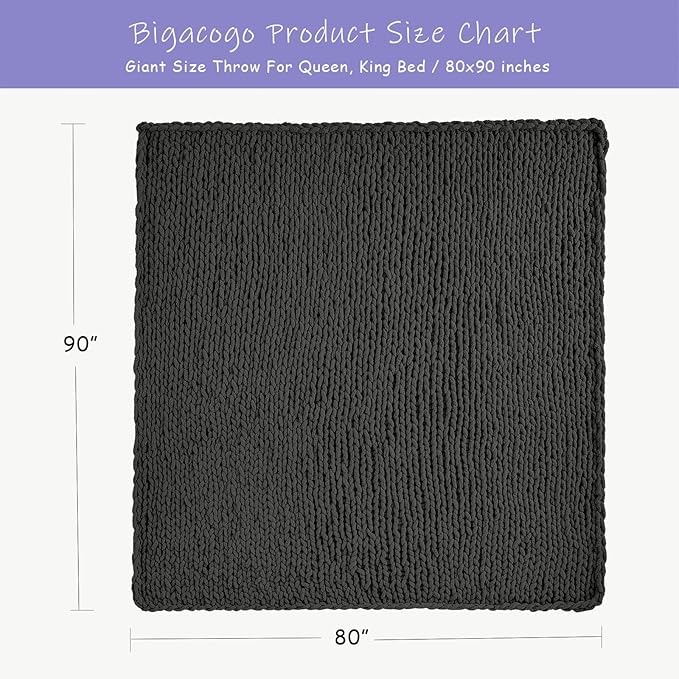Bigacogo Chunky Knit Throw Blanket for Couch, 80x90 inches, Dark Grey