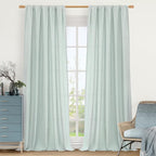 LAMIT Linen Sheer Curtains 84 inch for Living Room, Linen Textured Light Filtering Drapes Rod Pocket Boho Privacy Panels for Farmhouse/Bedroom, 2 Panels, 52 x 84 Inch, Light Blue