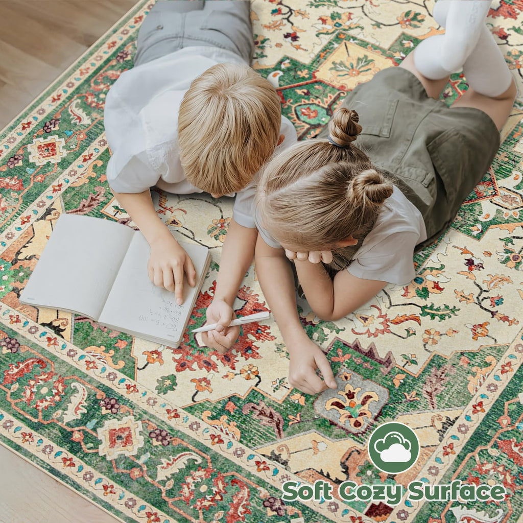 VECARF Area Rug 8x10 Washable Rug, Vintage Boho Medallion Rugs Non-Slip Soft Low Pile Large Distressed Rug Indoor Retro Carpet for Living Room Bedroom Dining Room Home Office (Green Beige, 8'x10')
