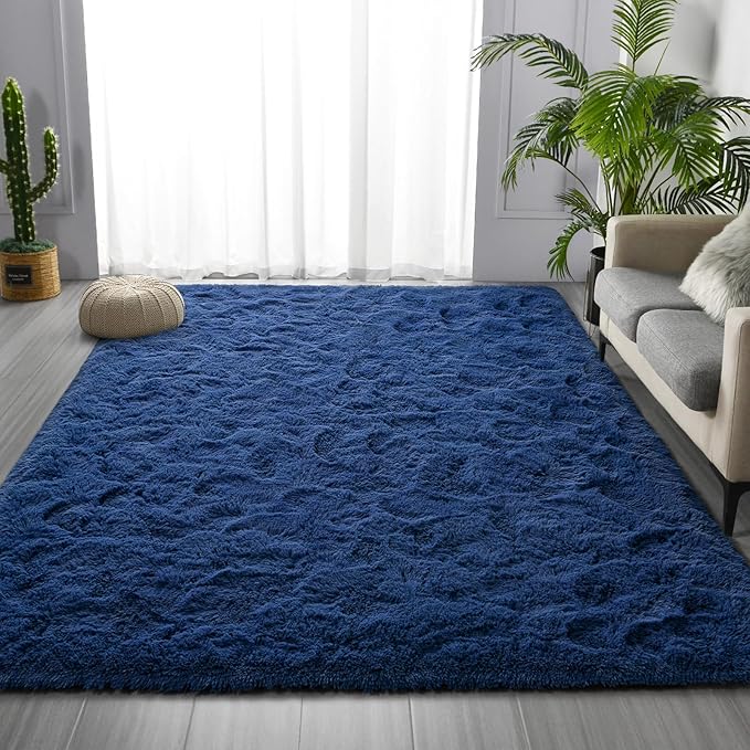 Deerhoo Large Shag Area Rugs 9 x 12, Plush Fuzzy Rugs for Living Room, Ultra Soft Fluffy Furry Rug for Bedroom, Indoor Carpet Nursery Rugs for Kids Room Home Decor, Navy Blue