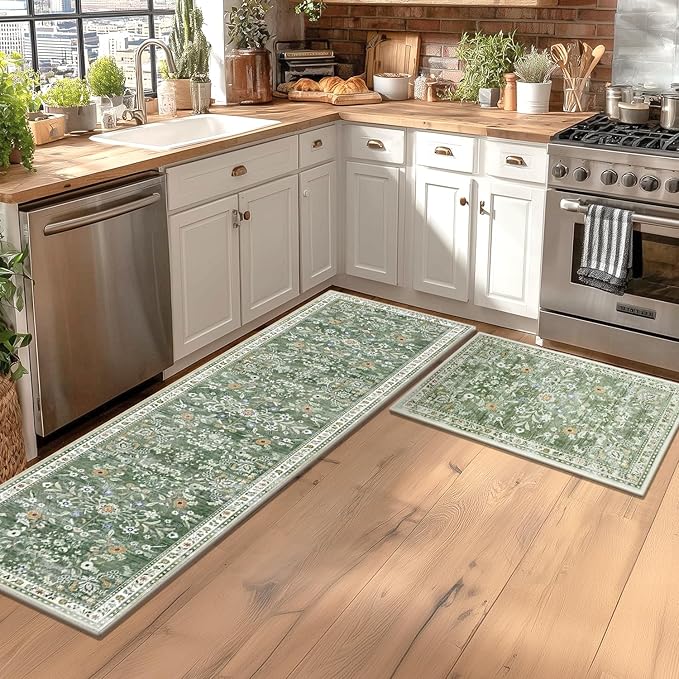 Yamaziot Washable Runner Rug 2x6 – Non Slip Boho Floral Hallway Runner Rug with Rubber Backing, Low Pile Faux Wool Distressed Carpet for Kitchen, Laundry, Bedroom, Entrance, Mottled Green