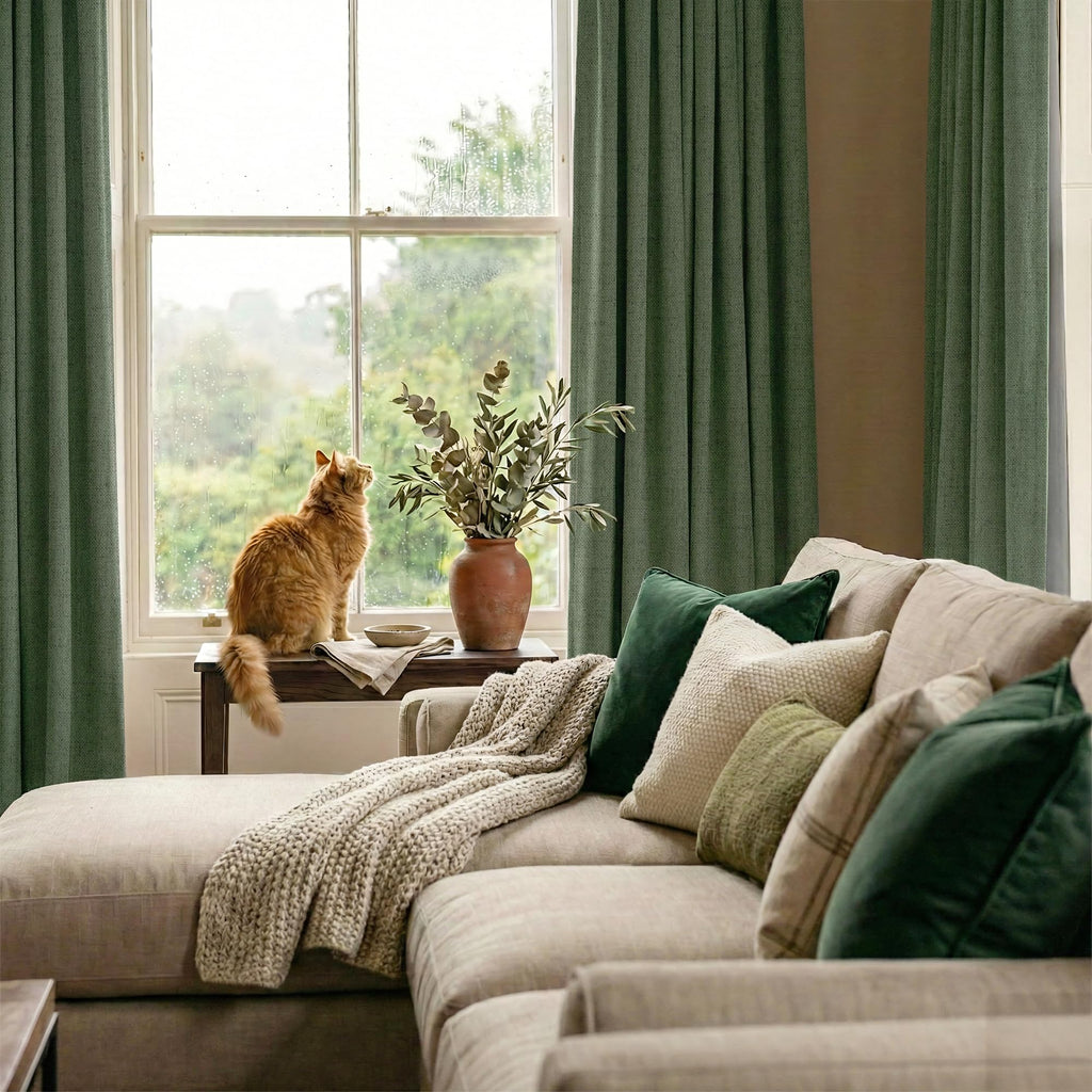 RYB HOME Olive Green 100% Blackout Linen Curtains 90 Inch Long for Office