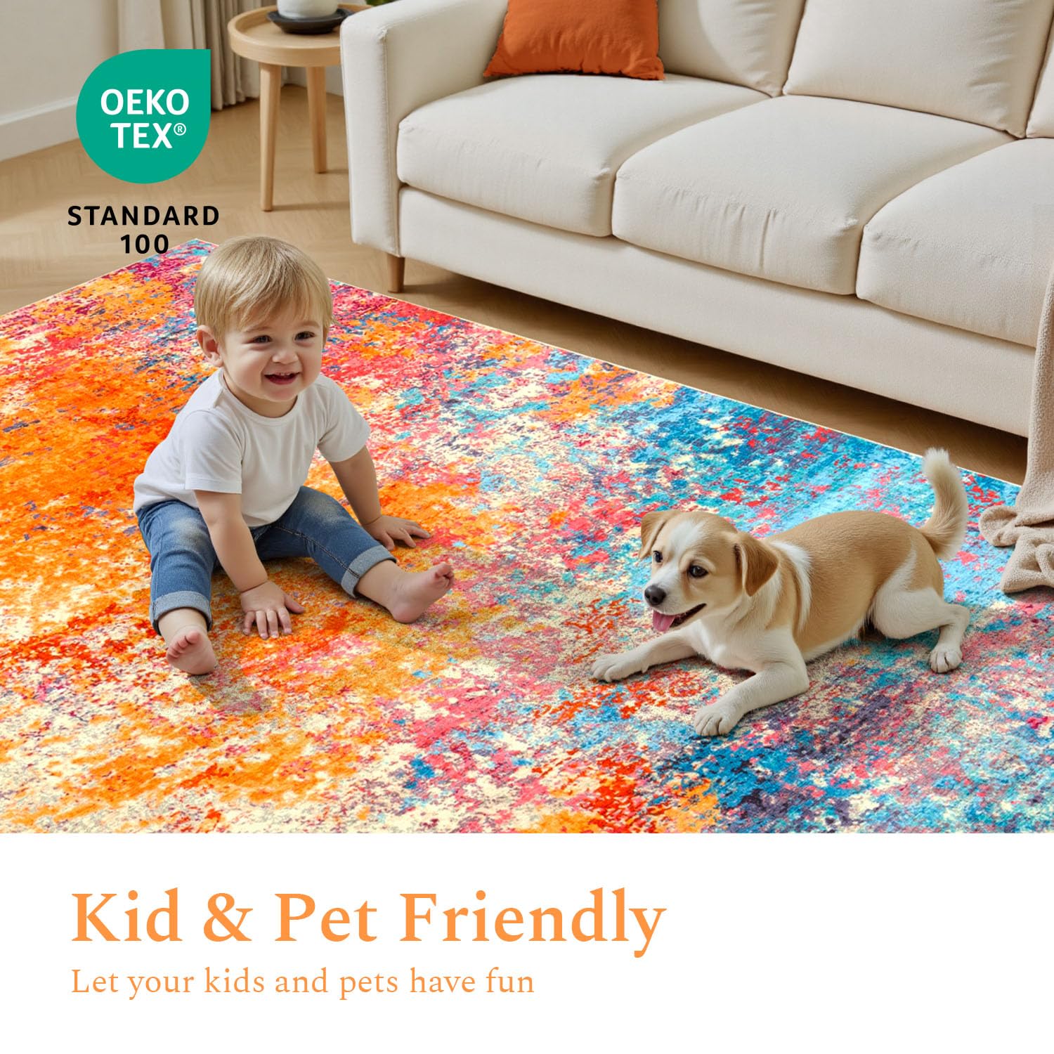 Rugflix 9x12 Area Rugs for Living Room, Washable Colorful Rainbow Large Rug