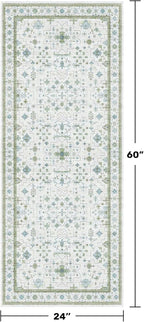 Hazo Haus Washable Oushak Bathroom Runner Rug 2x5 - Eclectic Boho Floral Pastel, Non Slip Low Pile Stain Resistant Small Throw Rug for Bedroom, Laundry Room, Powder Room, Cream Green