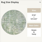 6x6 Green/Ivory Round Rug 6ft Living Room Circle Rug Vintage Round Area Rug Non Slip Indoor Carpet for Dining Room Bedroom