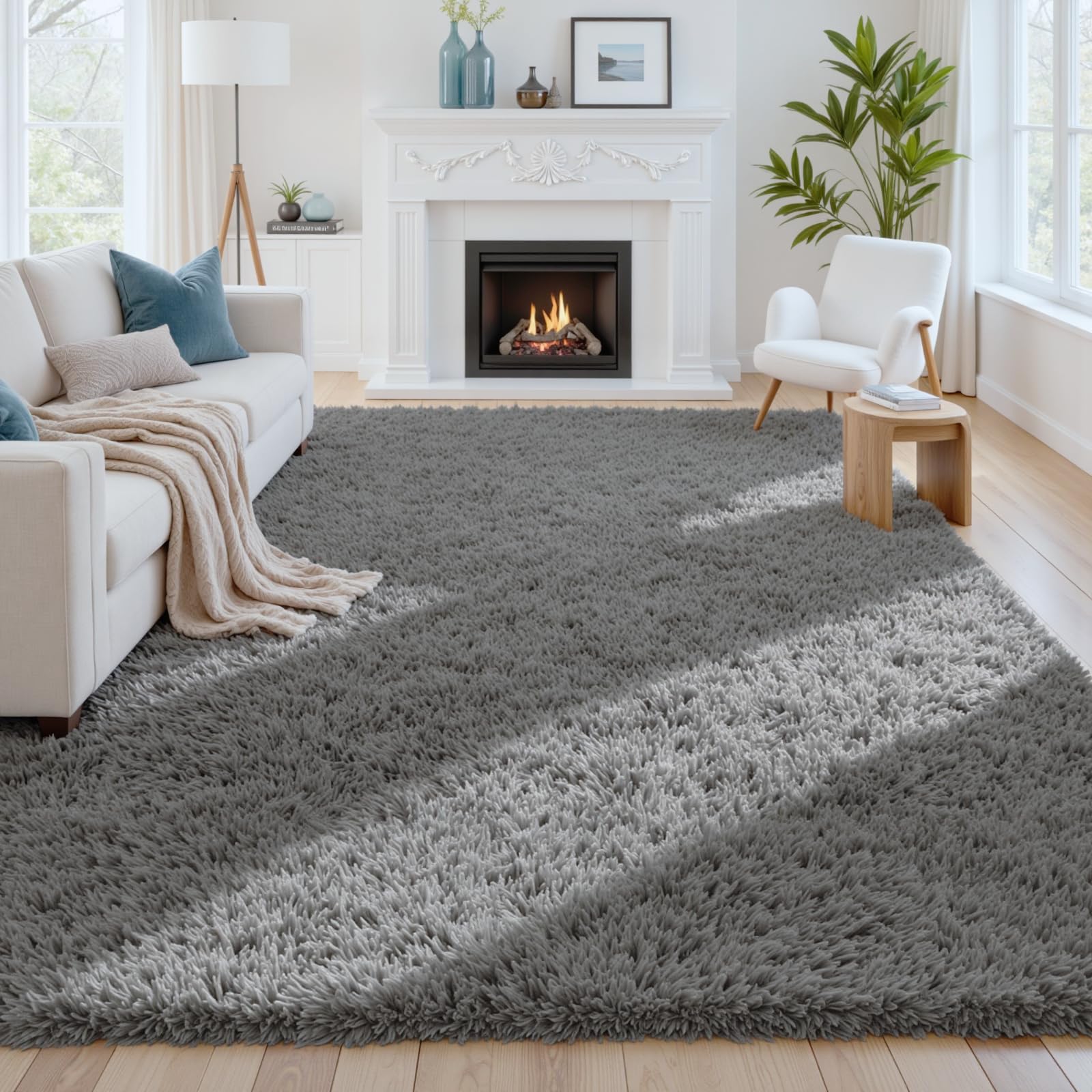 8x10 Fluffy Shag Area Rugs for Living Room Bedroom: Soft Carpet Light Gray