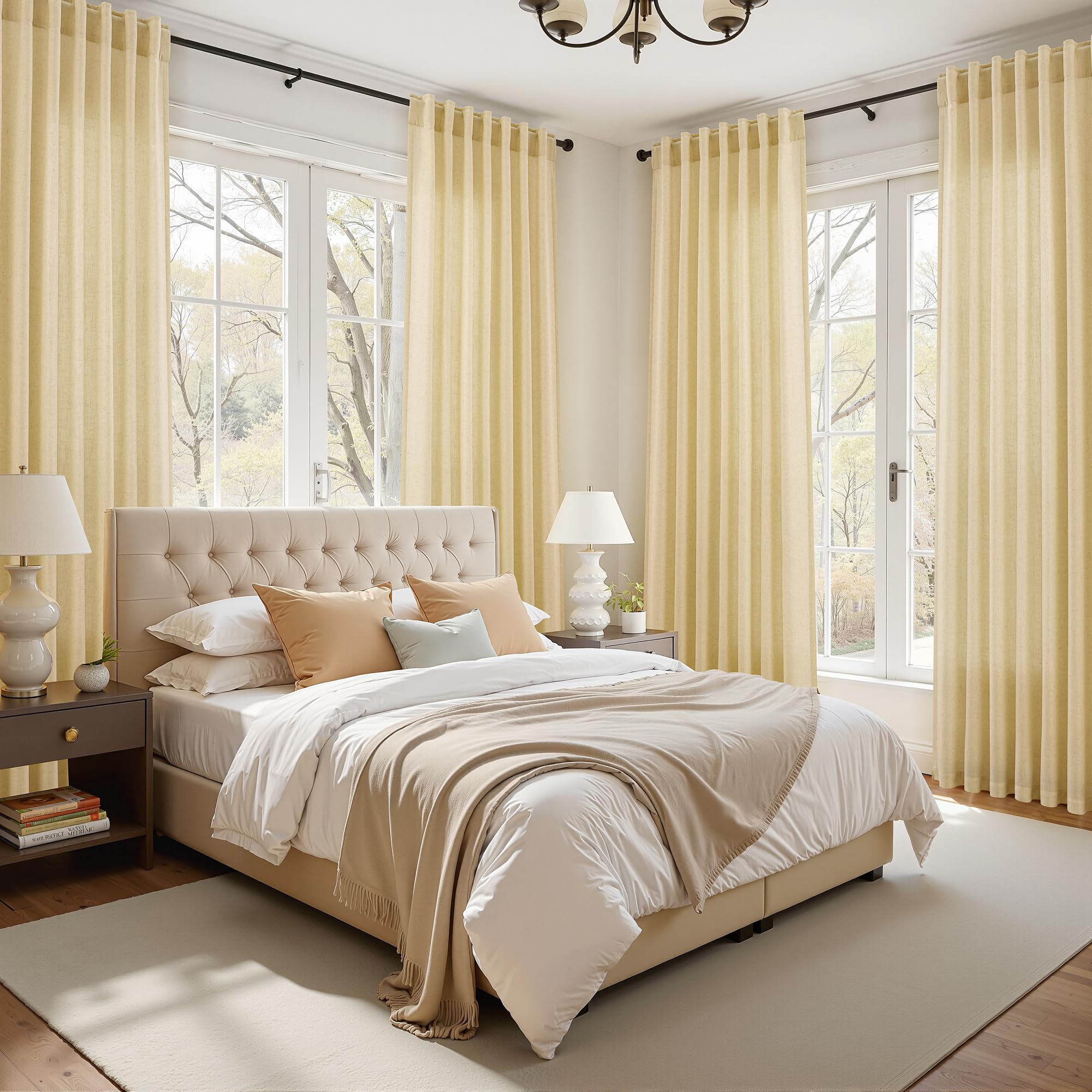 Nanspring Modern Farmhouse Curtains Linen for Living Room 84 Inches Long Cream Yellow Light Filtering Sheer Curtains Back Tab and Rod Pocket Privacy Curtain for Bedroom Office 52x84, 2 Panels
