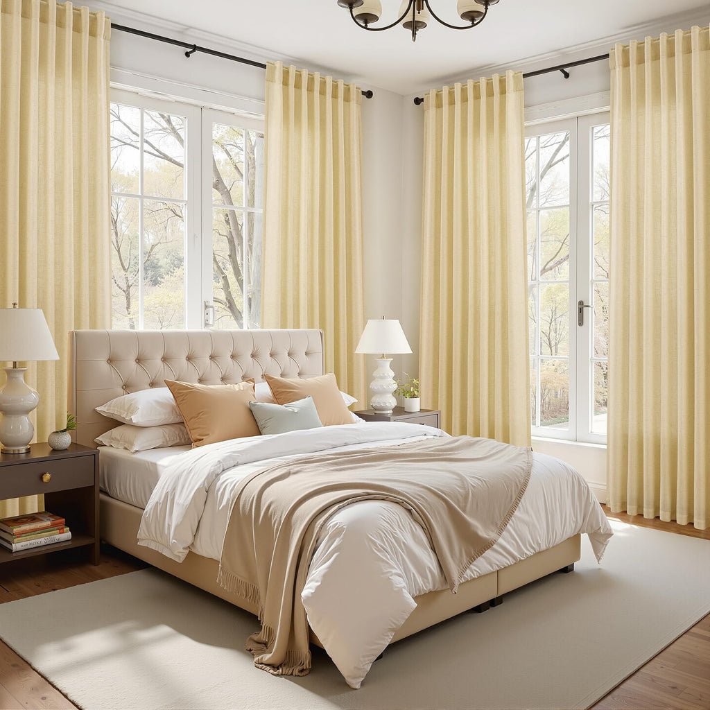 Nanspring Modern Farmhouse Curtains Linen for Living Room 84 Inches Long Cream Yellow Light Filtering Sheer Curtains Back Tab and Rod Pocket Privacy Curtain for Bedroom Office 52x84, 2 Panels