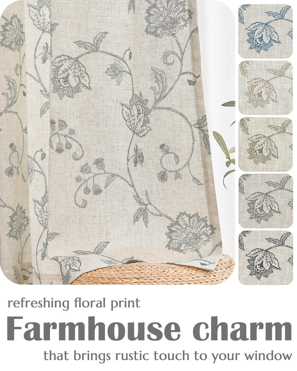 jinchan Linen Curtains Floral Curtains 96 Inch Length for Living Room Bedroom Light Filtering Rod Pocket Back Tab Jacobean Curtains Flax Linen Texture Window Drapes Set 2 Panels Dark Grey on Linen