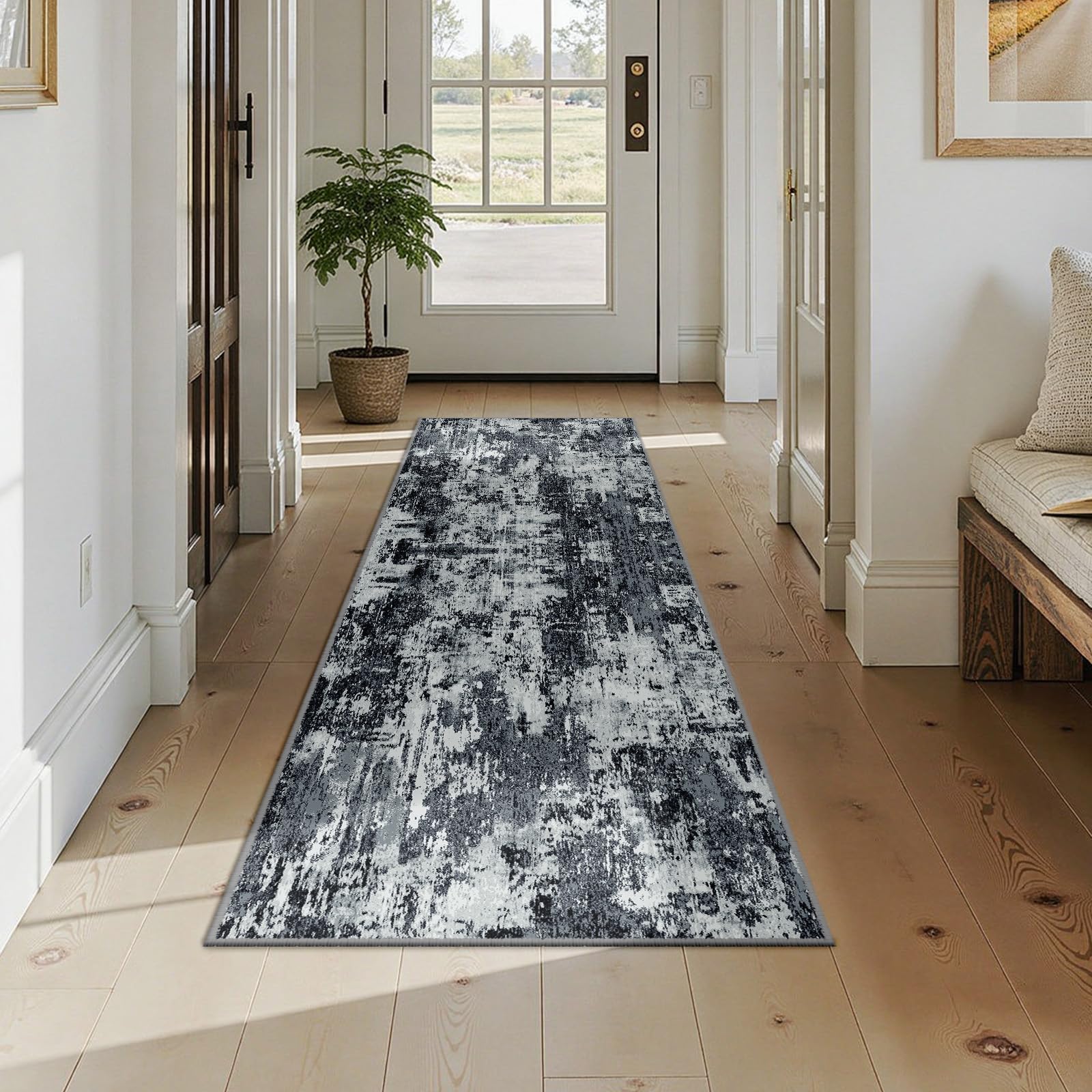 RELEANY Washable Runner 2'x7' Abstract Area Rug for Hallway Black White