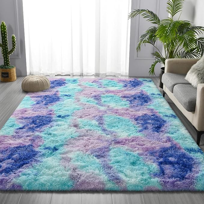 Shag Area Rug, 4 X 6 Tie-Dyed Plush Fuzzy Rugs for Living Room, Ultra Soft Fluffy Furry Rug for Bedroom, Indoor Carpet Nursery Rugs for Kids Room Home Decor, Rainbow