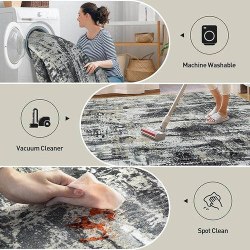 2'6''x8' Runner Rugs Washable Rug: Modern AbstractBlack Grey Gold Carpet