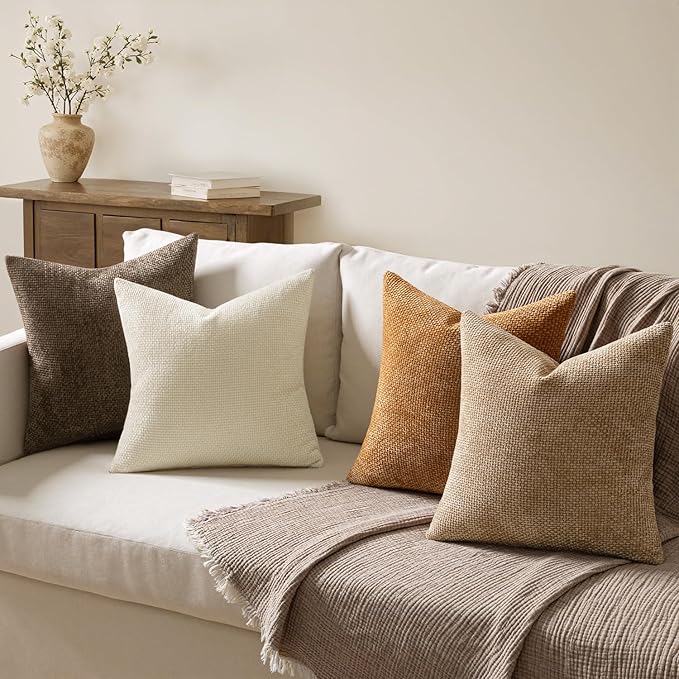 MIULEE Soft Decorative Chenille Fall Pillow Covers Brown 18x18 Pack of 4