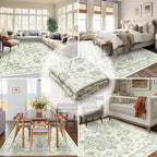 Madane 6x9 Area Rugs for Living Room, Vintage Stain Resistant Area Rug, Washable Floral Print Thin Floor Carpet with Non-Slip Backing for Bedroom Dining Room, Green/Ivory