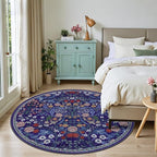 Round Area Rug for Living Room: 6 ft Floral Washable Circle Rug Soft Boho Non-Slip Carpet Indoor Stain Resistant Low Pile Small Circular Rug for Bedroom Entryway Kitchen Nursery Home Office Blue