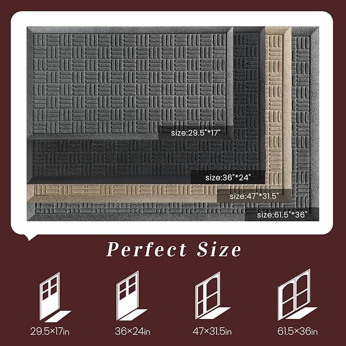Mibao Front Door Mat Indoor Outdoor Entrance, Dirt Trapping Waterproof All-Season, All-Weather Doormat, Non-Slip Durable Natural Rubber Low Profile Easy Clean Patio Entrance Mat, 29.5" x 17", Grey