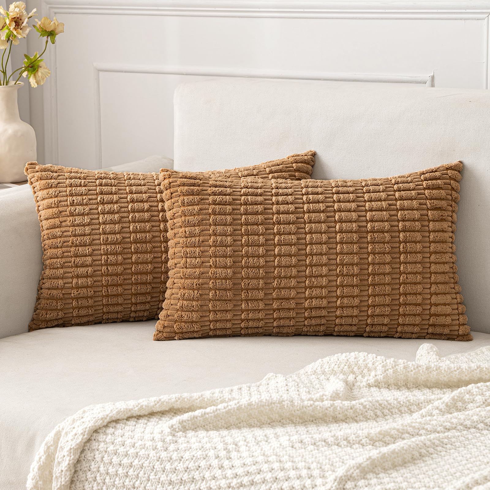 MIULEE Lumbar Corduroy Decorative Throw Pillow Covers 12x20 Brown Pack of 2