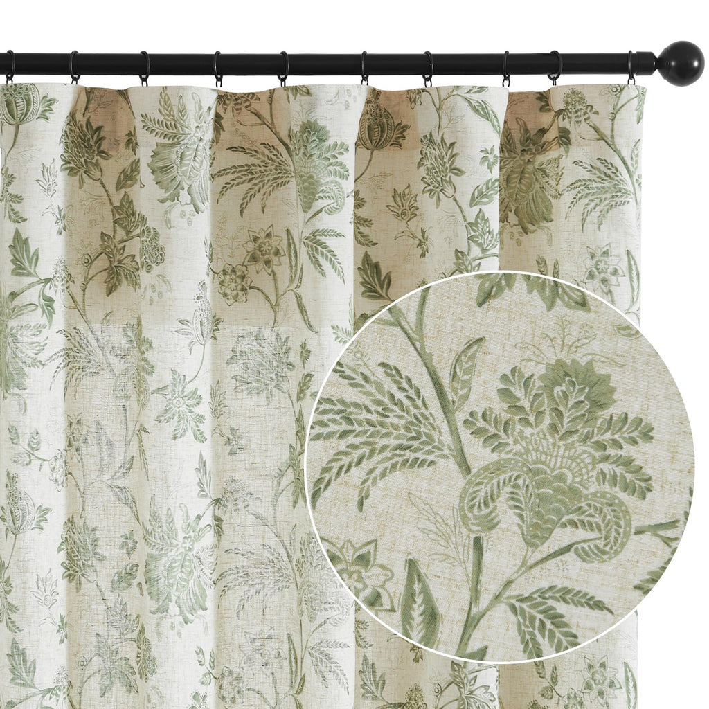 jinchan Linen Floral Curtains for Living Room with Printed Flower 108 Inches Long Light Filtering Extra Long Back Tab Rod Pocket Sage Green Window Curtain Set Farmhouse Drapes, 2 Panels