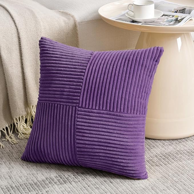 Fancy Homi 2 Packs Purple Decorative Throw Pillow Covers 20x20 Inch for Living Room Couch Bed, Farmhouse Boho Home Decor, Soft Corss Corduroy Patchwork Accent Square Cushion Case 50x50 cm