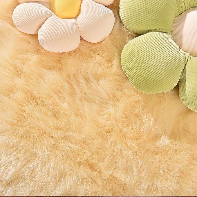 Latepis Yellow Circle Rug Faux Sheepskin Fur Round Rugs 4ft Washable Cute Plush Shaggy Rug for Bedroom Living Room Rugs for Sofa Floor Luxury Home Decor
