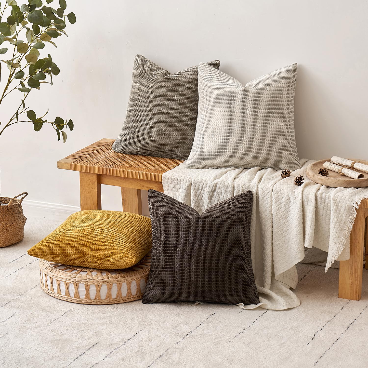 MIULEE Decorative Chenille Fall Pillow Covers Gold Brown 16x16 Pack of 4