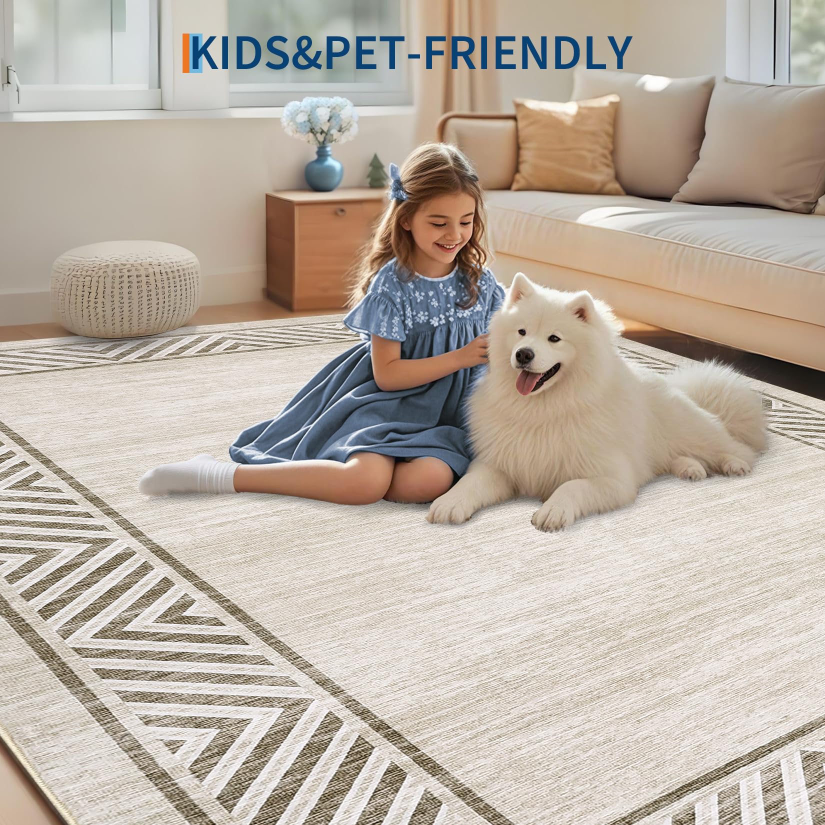 GarveeHome Bordered Bedroom Rugs 5x7 Ultra-Soft Indoor Carpet, Non-Slip Modern Geometric Living Room Rug, Stain-Resistant Neutral Accent Floor Cover for Dining Room, Nursery, Office, Beige