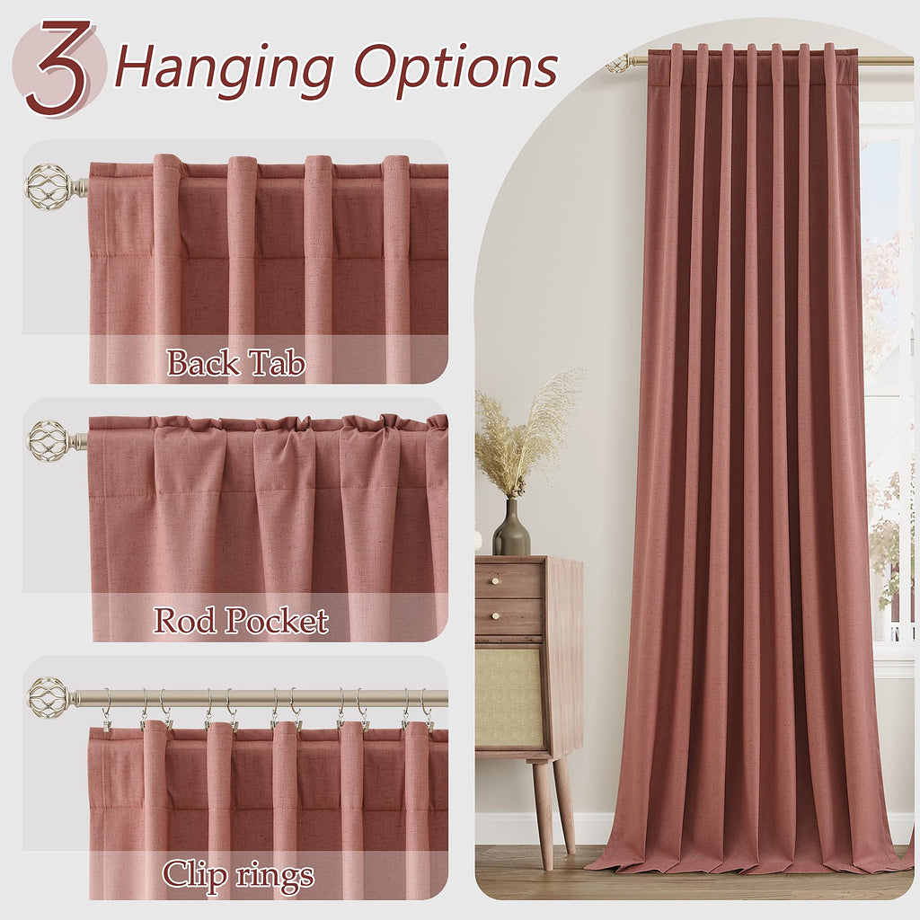 Dusty Rose 100% Blackout Linen Curtains 108 Inch Length 2 Panels Set for Girls Bedroom Back Tab Thermal Insulated Black Out Drapes Room Darkening Farmhouse Style for Bedroom Window Curtains 52x108