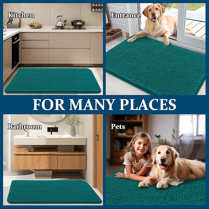 OLANLY Dog Door Mat for Muddy Paws 34x21, Absorbs Moisture and Dirt, Absorbent Non-Slip Washable Doormat, Quick Dry Chenille Mud Mat for Dogs, Entry Indoor Entryway Carpet for Inside Floor, Lake Blue