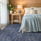 Washable Dark Blue Rug for Living Room - 10x14 Large Area Rug for Dining Room Under Table, Bedroom, Soft Low Pile Non-Slip Stain Resistant Carpet - Vintage Navy Floral Design