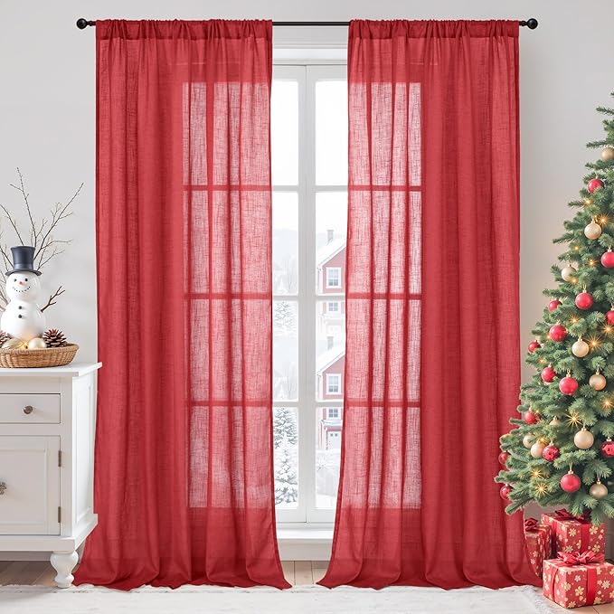 BGment Long Linen Semi Sheer Curtains 102 Inch Length for Living Room, Red Lightweight Window Drapes for Bedroom with Rod Pocket Light Filtering Rustic Textured, 2 Panels Set, Each 52 Inch Wide