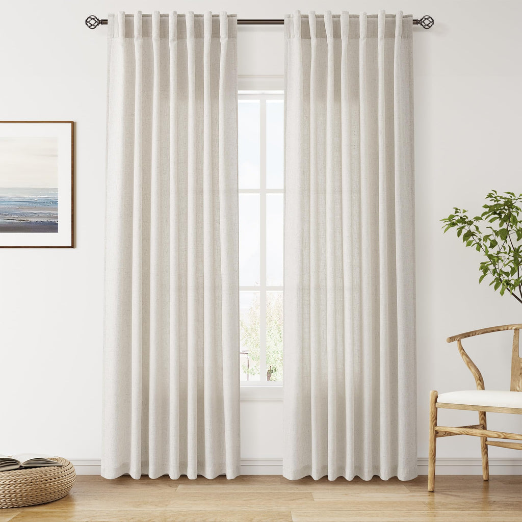 Nanspring Pearl White Linen Curtains 84 Inches Long for Living Room Light Filtering Semi Sheer Curtain Back Tab and Rod Pocket Coastal Decor Elegant Neutral Luxury Drapes for Bedroom 52x84, 2 Panels