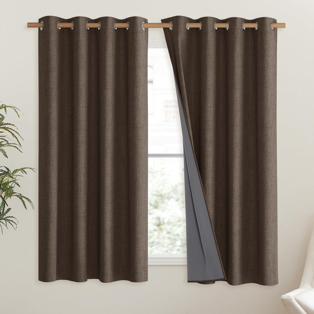 NICETOWN Coffee Vintage Linen 100% Blackout Curtains for Living Room, Thermal Insulated Curtains 45" Long, Noise Reducing Window Treatment Drapes for Hall Room, 52" Wide Per Panel, Set of 2
