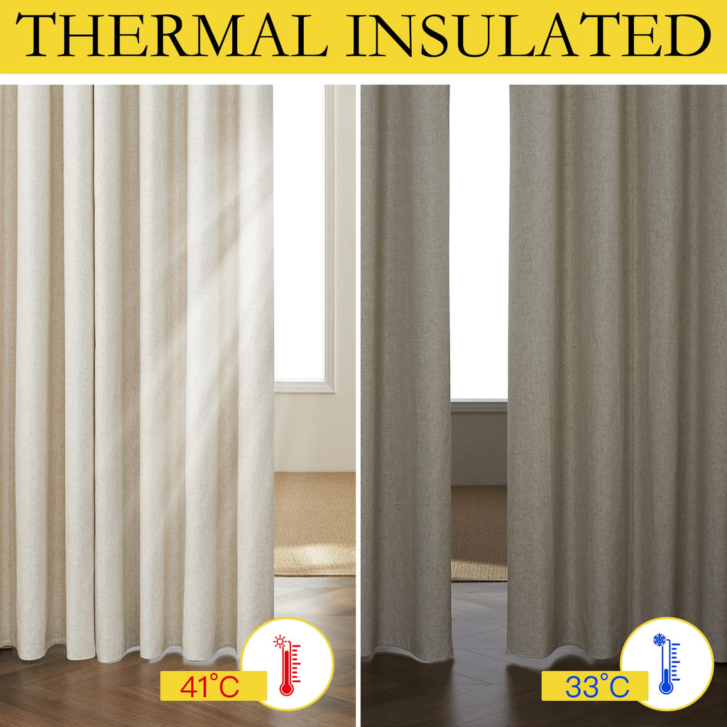 NICETOWN Full Blackout Natural Linen Cold Reducing Curtains 102" Length with Thermal Insulated Liners for Living Room, 2 Panels, 52 inches W, Farmhouse Style Keep Warm Large Window Draperies for Hall
