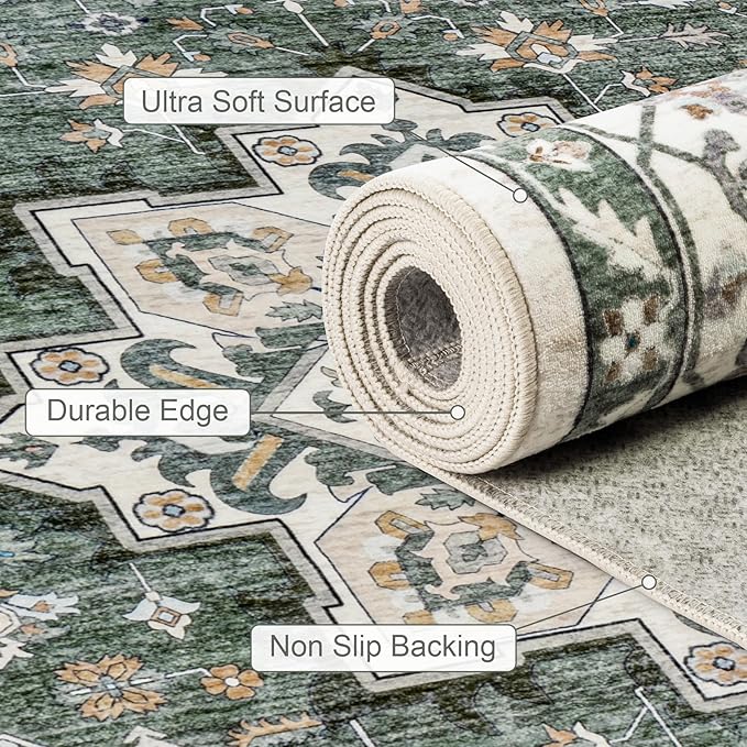 ExpediX 6x9 Area Rugs Living Room: Washable Rug for Bedroom Green Ivory