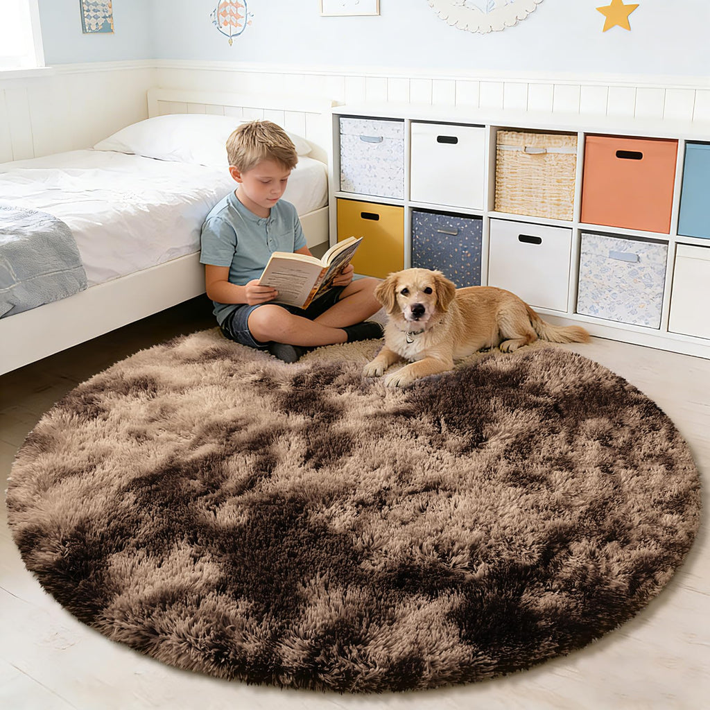 Tie-Dyed Coffee Fluffy Round Rug,Small Area Rugs,Shaggy Rugs 3'X3'
