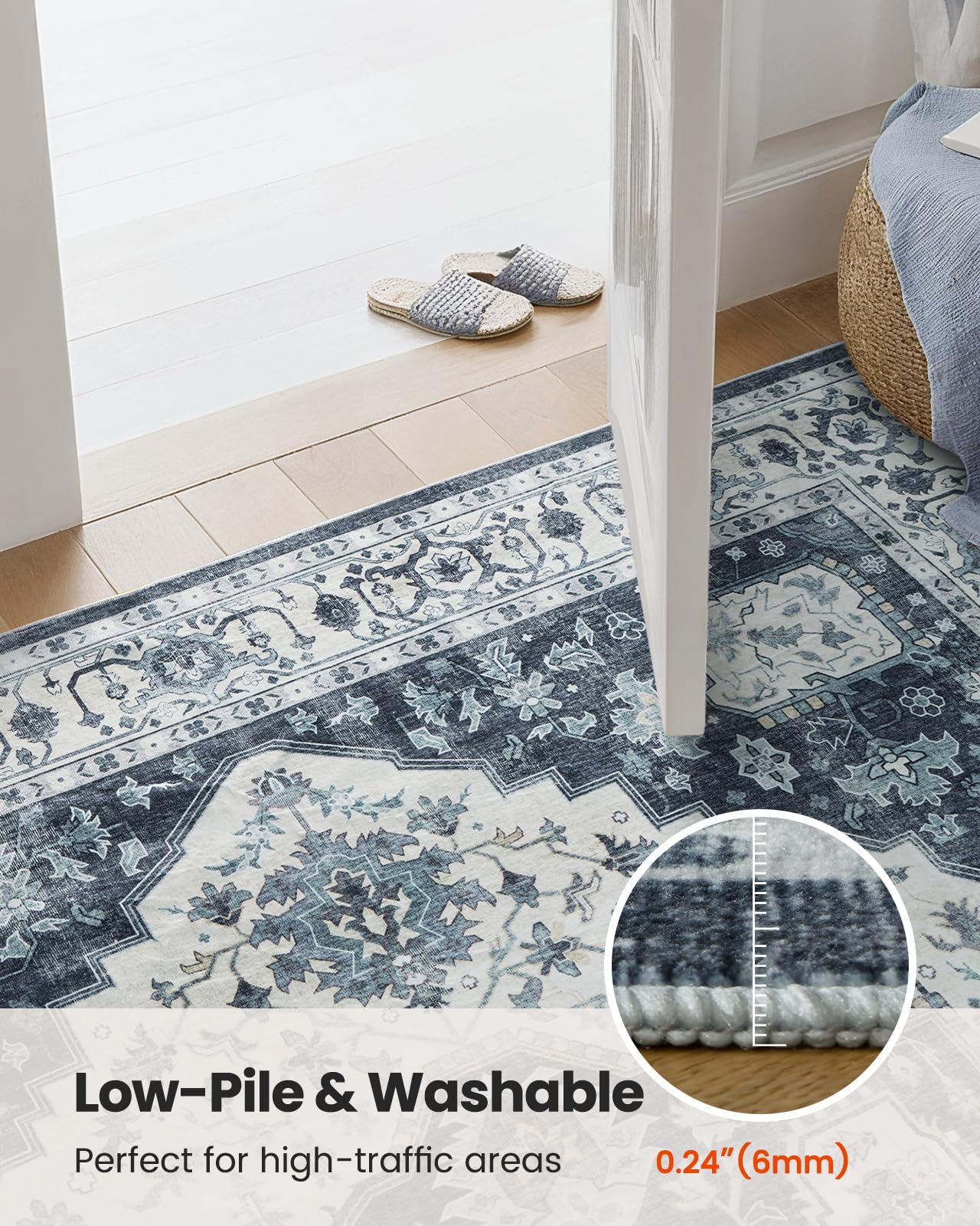 AMADA HOMEFURNISHING 9x12 Area Rug, Washable Low-Profile Large Area Rug with Non-Slip Backing & Durable Edge Binding, Vintage Large Rugs for Living Room, Bedroom