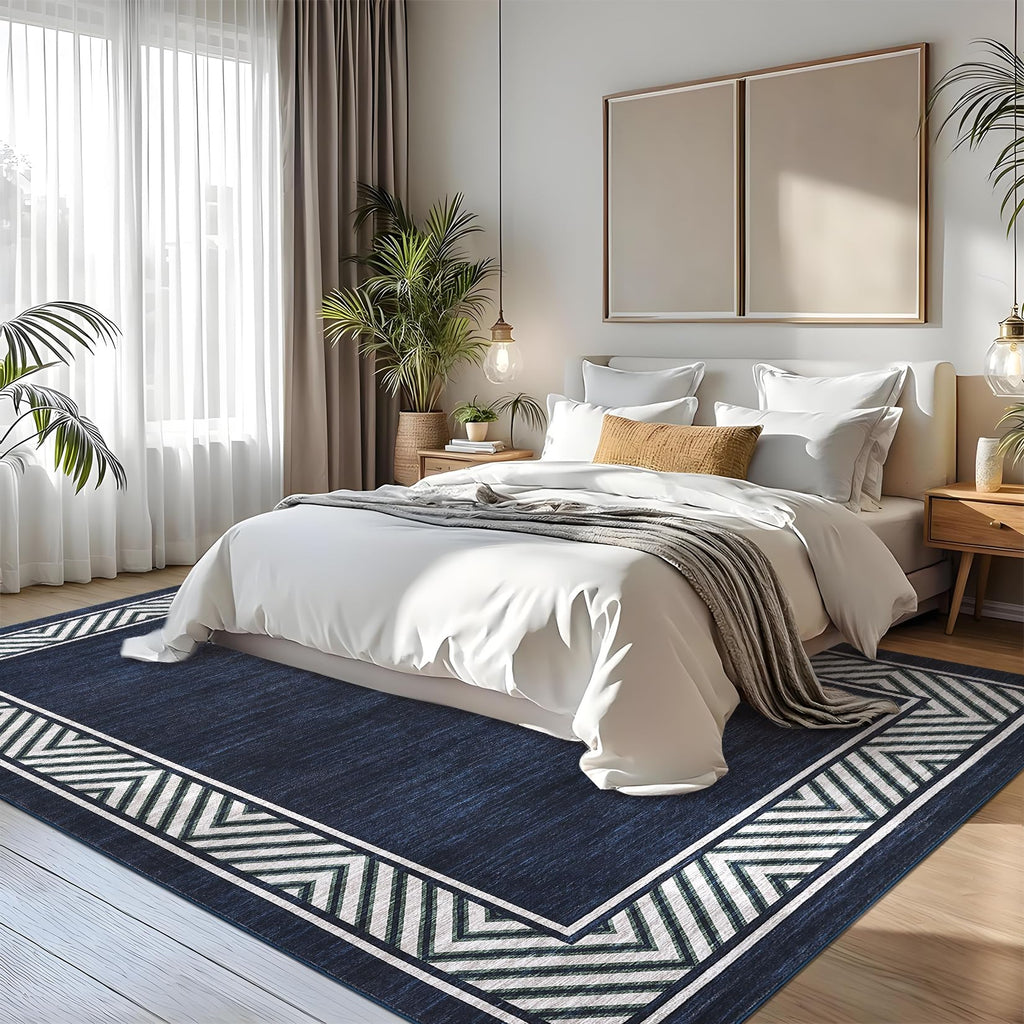 GarveeHome Bordered Bedroom Rugs 5x7 Ultra-Soft Indoor Carpet, Non-Slip Modern Geometric Living Room Rug, Stain-Resistant Neutral Accent Floor Cover for Dining Room, Nursery, Office, Navy Blue